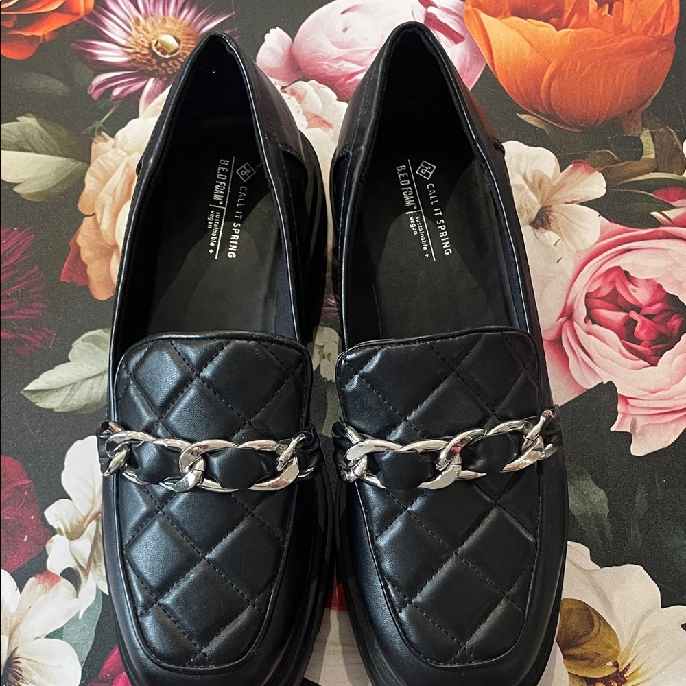 Call It Spring Black Quilted Loafers with Silver Chain